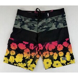 MAUI and Sons‎ Black 4 Way Stretch Shark Mens 34 Board Shorts Camo Floral